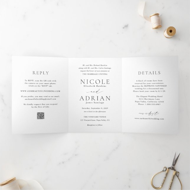 Classic Black and White QR Code Elegant Wedding Tri-Fold Invitation (Inside)