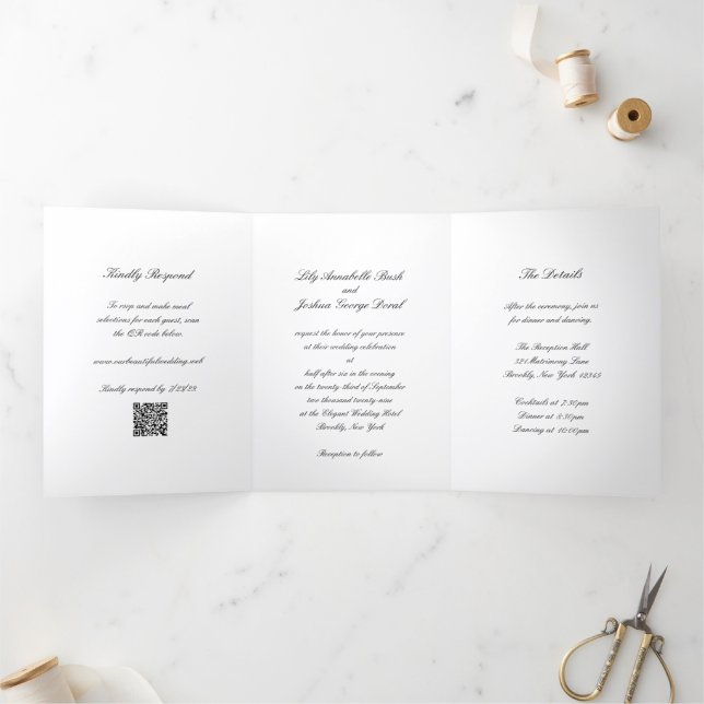 Classic Black and White QR Code Timeless Wedding Tri-Fold Invitation (Inside)