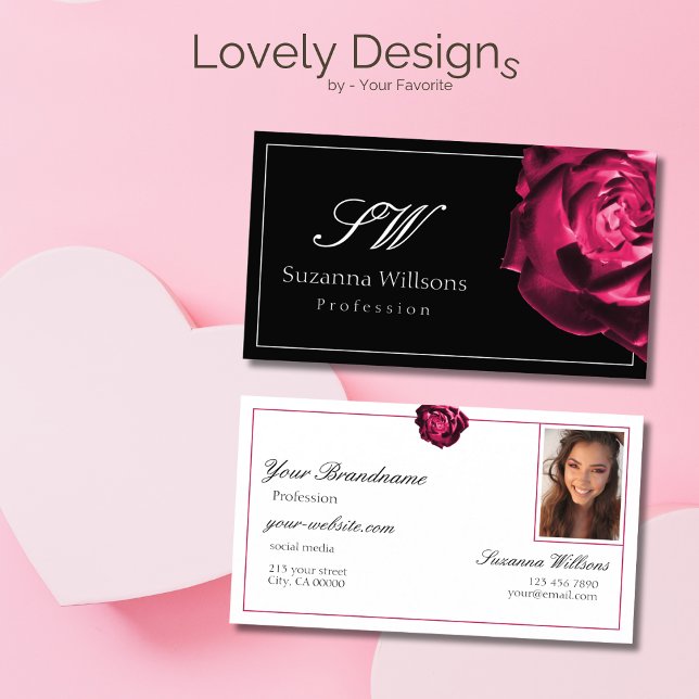 Classic Black and White Red Rose Initials Photo Business Card (Creator Uploaded)