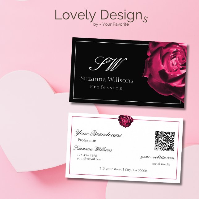Classic Black and White Red Rose Initials QR Code Business Card (Creator Uploaded)