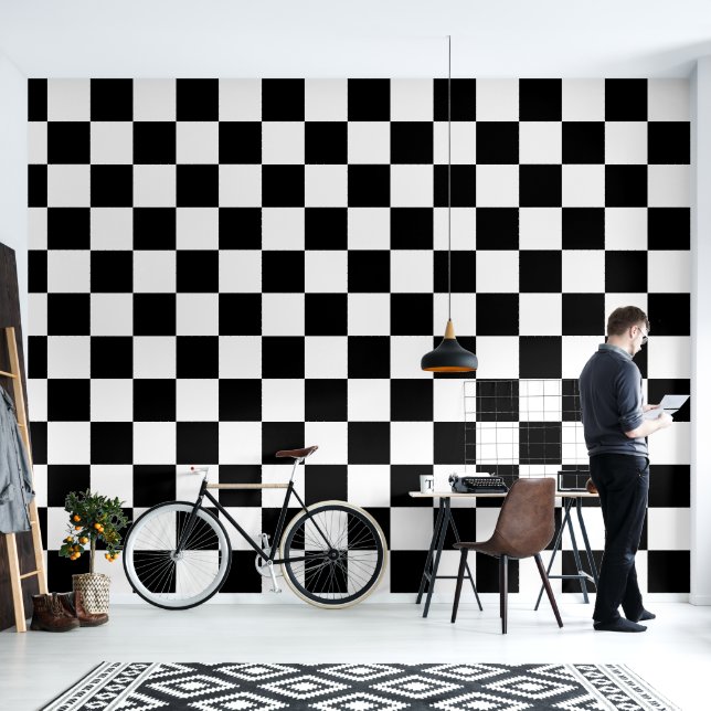 Classic black and white squares pattern wallpaper  (Living Room)