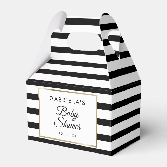 Classic Black And White Stripe Gold Baby Shower Favor Boxes (Front Side)