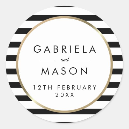 Classic Black and White Stripe Gold Wedding Classic Round Sticker