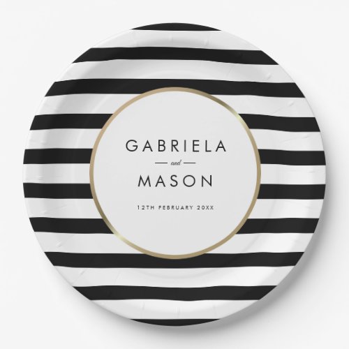 Classic Black and White Stripe Gold Wedding Paper Plates