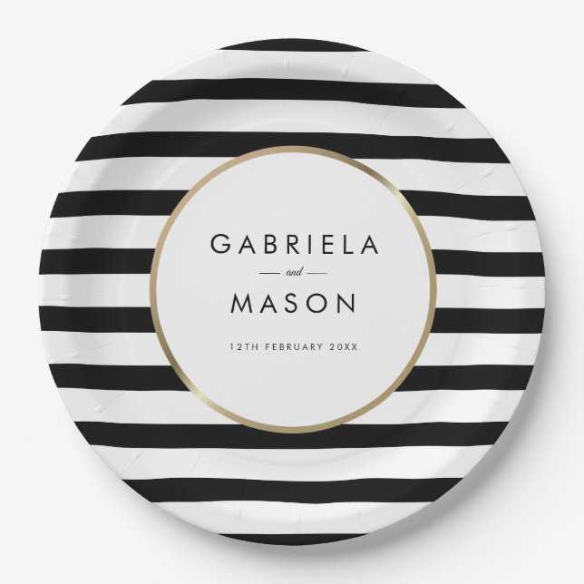Classic Black and White Stripe Gold Wedding Paper Plates (Front)