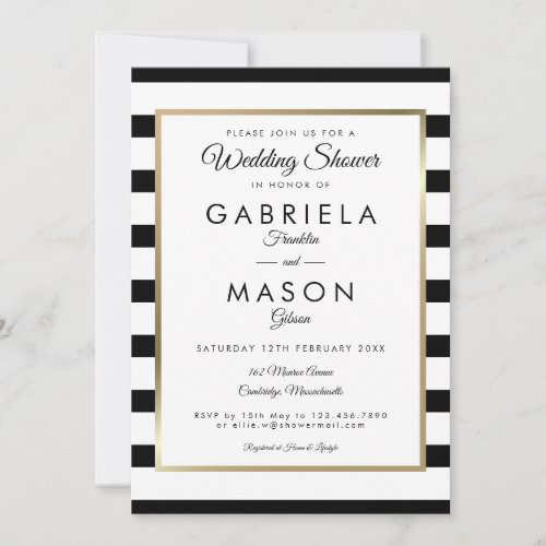 Classic Black And White Stripe Gold Wedding Shower Invitation