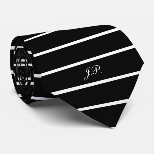 Classic Black and White Stripe Patterned Initials Neck Tie