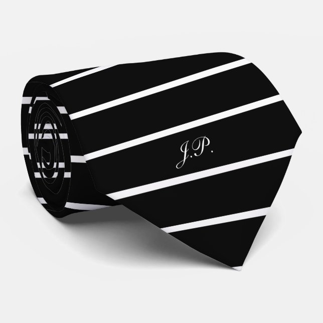 Classic Black and White Stripe Patterned Initials Neck Tie (Rolled)