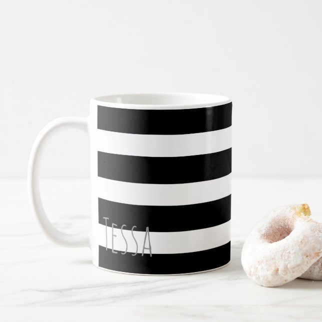 Classic Black and White Stripes Chic Minimalist Coffee Mug (With Donut)