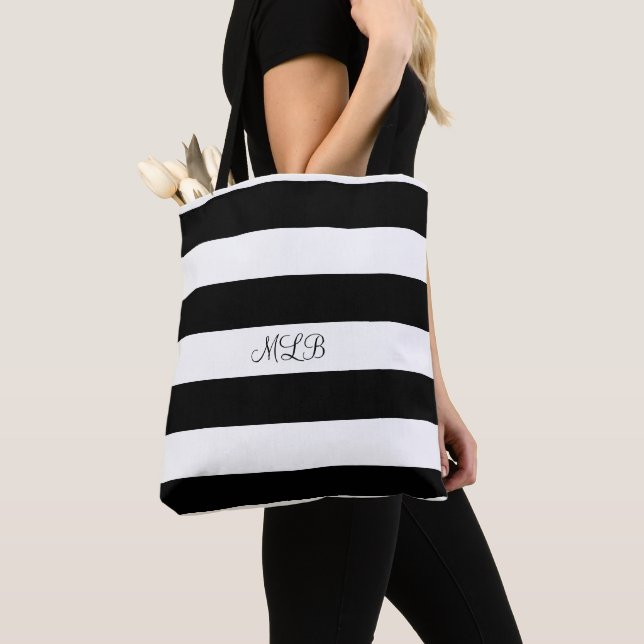 Classic Black and White Stripes Cursive Monogram Tote Bag (Close Up)