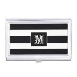Classic Black and White Stripes Modern Monogram  Business Card Case