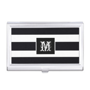 Classic Black and White Stripes Modern Monogram Business Card Case