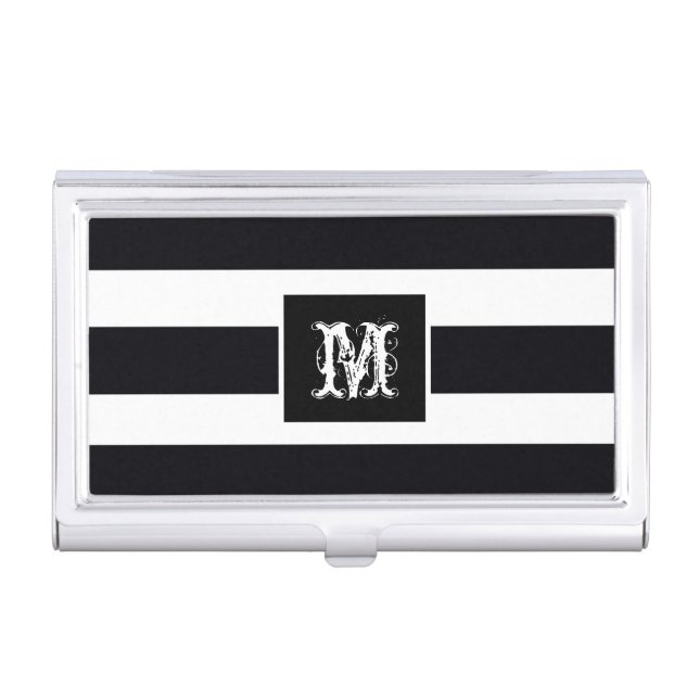 Classic Black and White Stripes Modern Monogram  Business Card Case (Front)