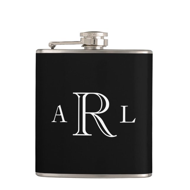 Classic Black And White Three Letter Monogram Flask (Front)