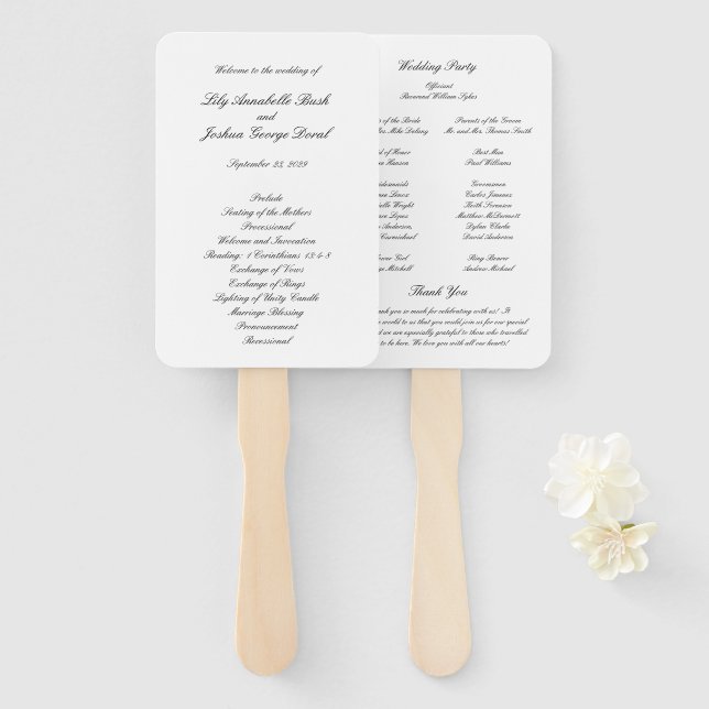 Classic Black and White Timeless Wedding Program Hand Fan (Front and Back)