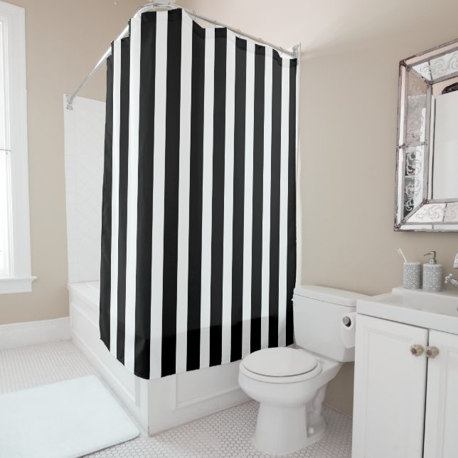 Classic Black and White Vertical Striped Stylish Shower Curtain (In Situ)