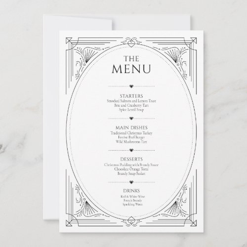 Classic black and white vintage frame wedding menu invitation