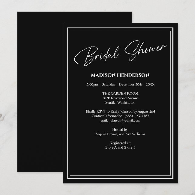Classic Black and White Wedding Bridal Shower Invitation (Front/Back)