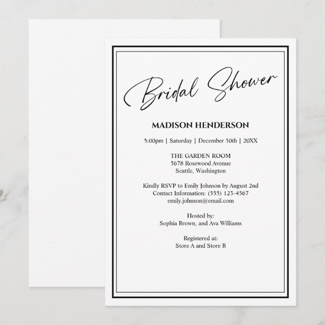 Classic Black and White Wedding Bridal Shower Invitation (Front/Back)