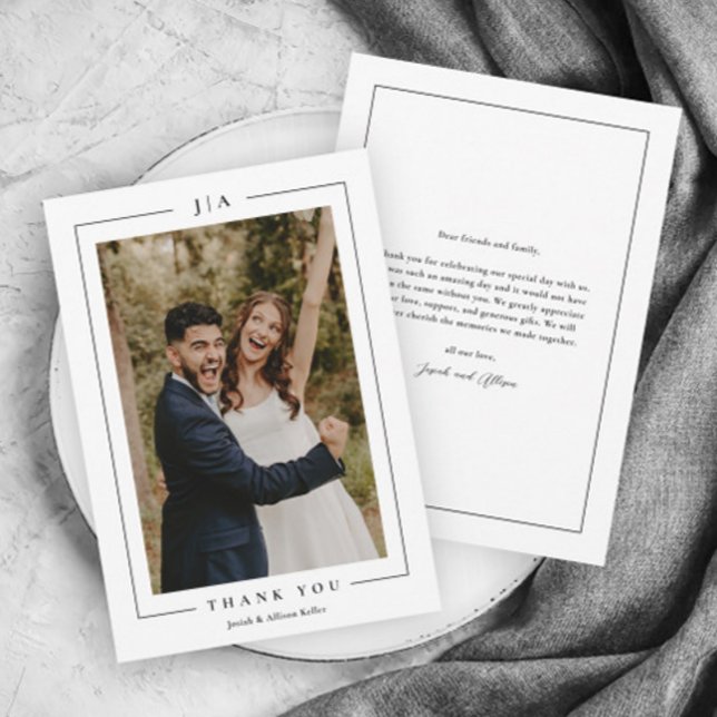 Classic Black and White Wedding Photo Thank You Card (Elegant black and white wedding photo thank you card with monogram and simple typography.)