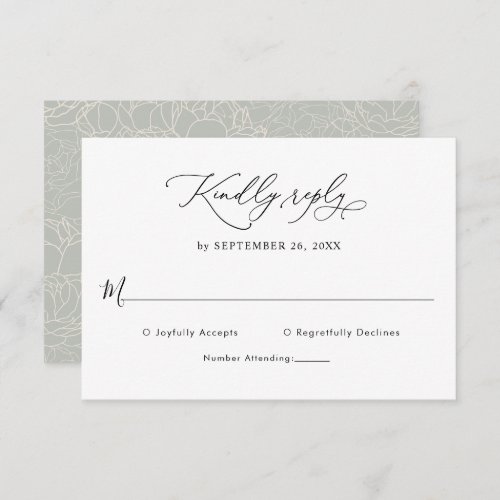 Classic Black and White Wedding Rsvp Card - Designed to coordinate with our Romantic Script wedding collection, this customizable RSVP card, features a sweeping script calligraphy text paired with a classy serif & modern sans font in black with a frosted sage green back. The text and background can be changed to any color to match your theme. To make advanced changes, go to "Click to customize further" option under Personalize this template.