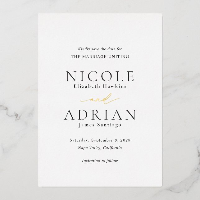 Classic Black and White Wedding Save the Date Foil Invitation (Front)