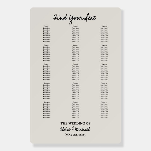 Classic Black and White Wedding Seating Chart Foam Board (Front)