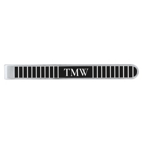 Classic Black and White with Stripes and Monogram Silver Finish Tie Bar