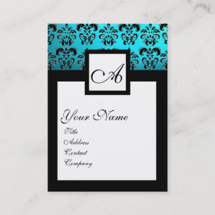 CLASSIC BLACK AQUA BLUE DAMASK SQUARE MONOGRAM BUSINESS CARD
