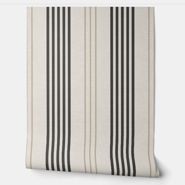 Classic Black Beige Ticking Stripe Pattern Wallpaper (Unrolling)