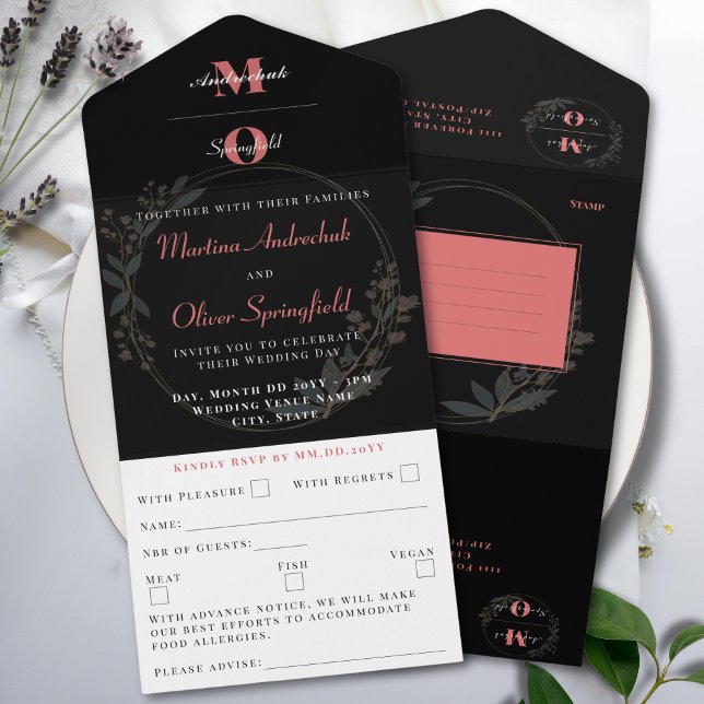 Classic Black Blush Floral Wedding  All In One Invitation (Creator Uploaded)