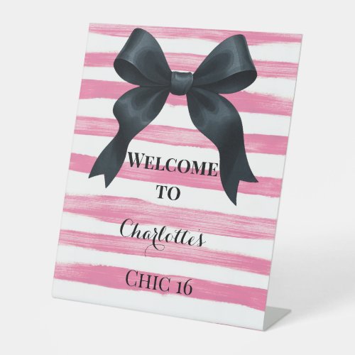 Classic Black Bow Pink Stripes Pedestal Sign