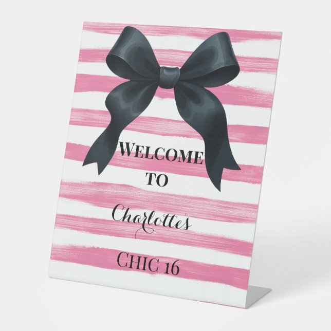 Classic Black Bow Pink Stripes Pedestal Sign (Front)