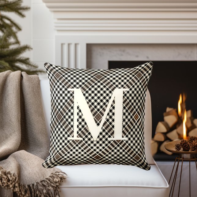 Classic Black Brown Tartan Pattern with Monogram Throw Pillow (Creator Uploaded)