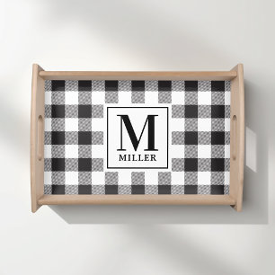Classic Black Buffalo Check Monogram Family Name Serving Tray