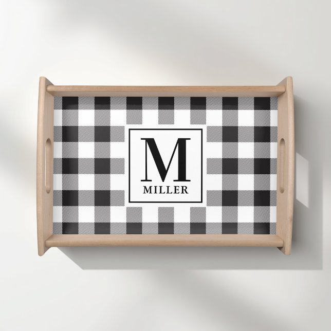 Classic Black Buffalo Check Monogram Family Name Serving Tray (Creator Uploaded)