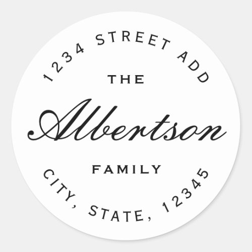Classic Black Calligraphy Family Name Address Classic Round Sticker