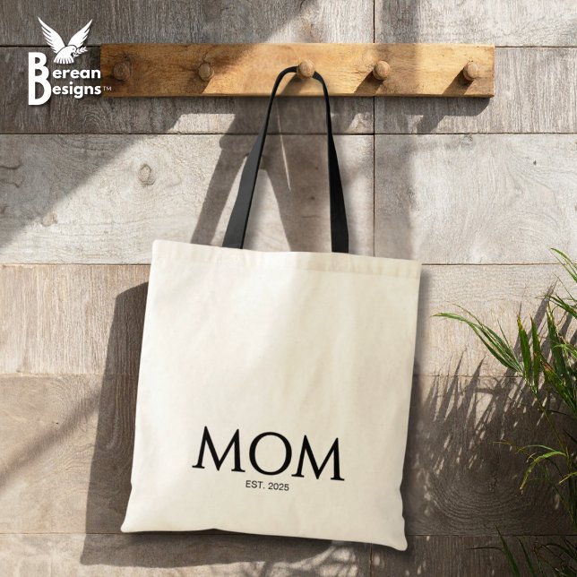 Classic Black Caps Mom Established  Tote Bag (MOM ESTABLISHED Budget Tote Bag with customizable year. Ideal gift for Mother's Day and mom groups.)