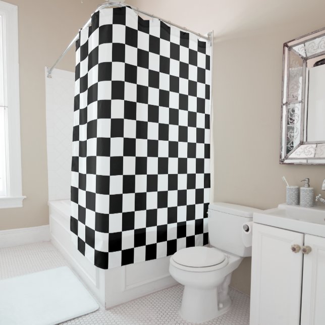 Classic black checkerboard shower curtain (In Situ)