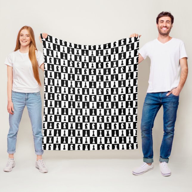 Classic Black Chess Game Figures Pattern Fleece Blanket (In Situ)