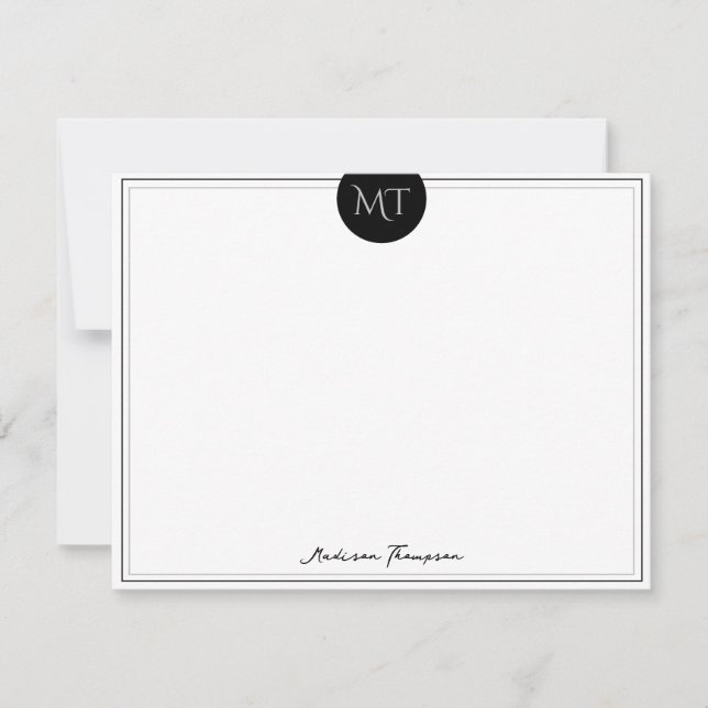 Classic Black Circle Border Monogram Note Card (Front)