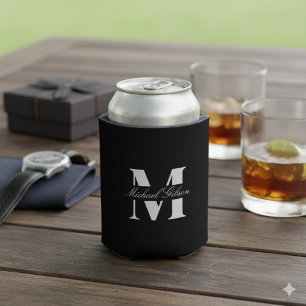 Classic Black Custom Monogram Wedding Groomsmen Can Cooler