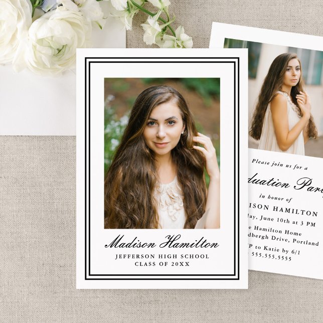 Classic Black Double Border Frame Photo Graduation Invitation (Creator Uploaded)