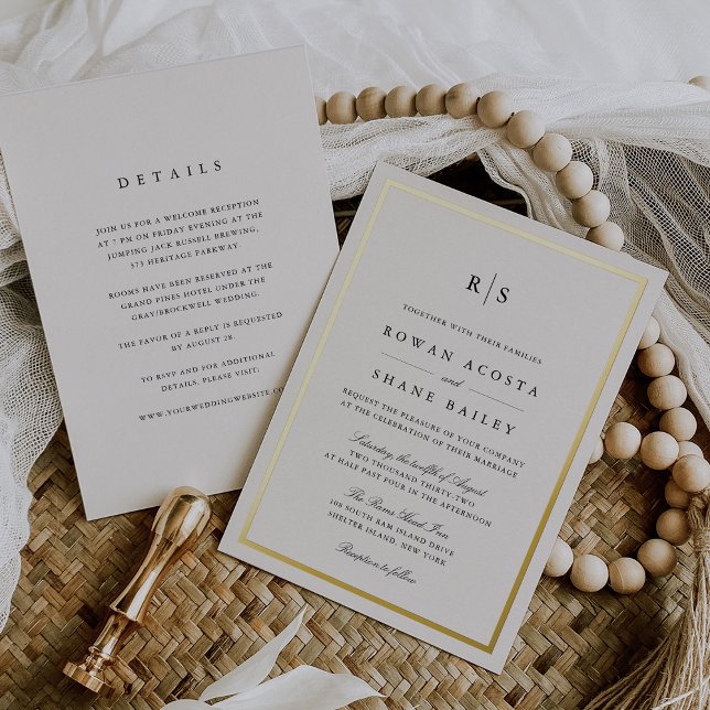 Classic Black & Ecru Border Monogram Wedding Foil Invitation (Creator Uploaded)