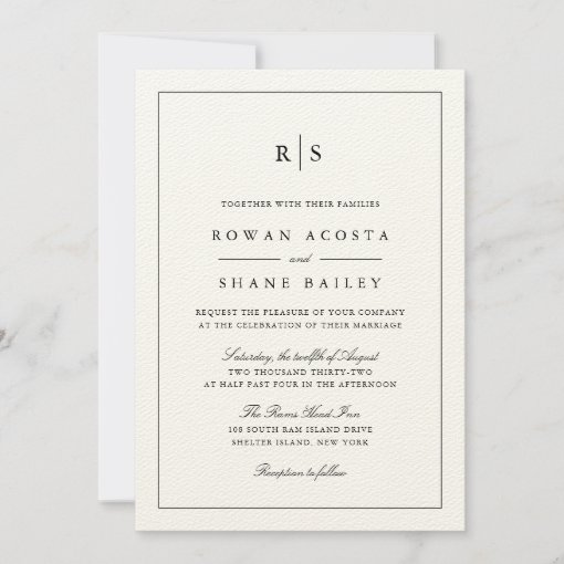 Classic Black & Ecru Border Monogram Wedding Invitation | Zazzle