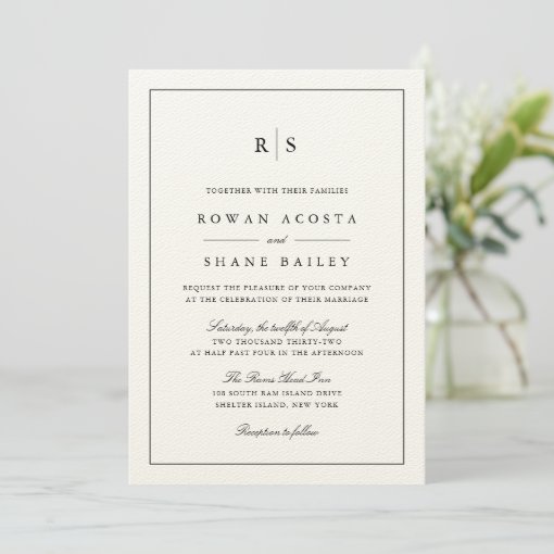 Classic Black & Ecru Border Monogram Wedding Invitation | Zazzle