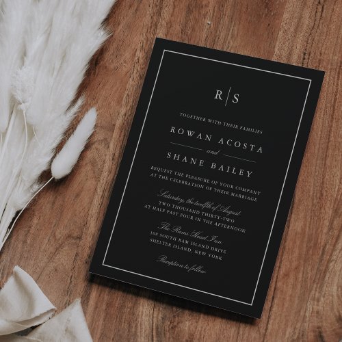 Classic Black  Ecru Border Monogram Wedding Invitation