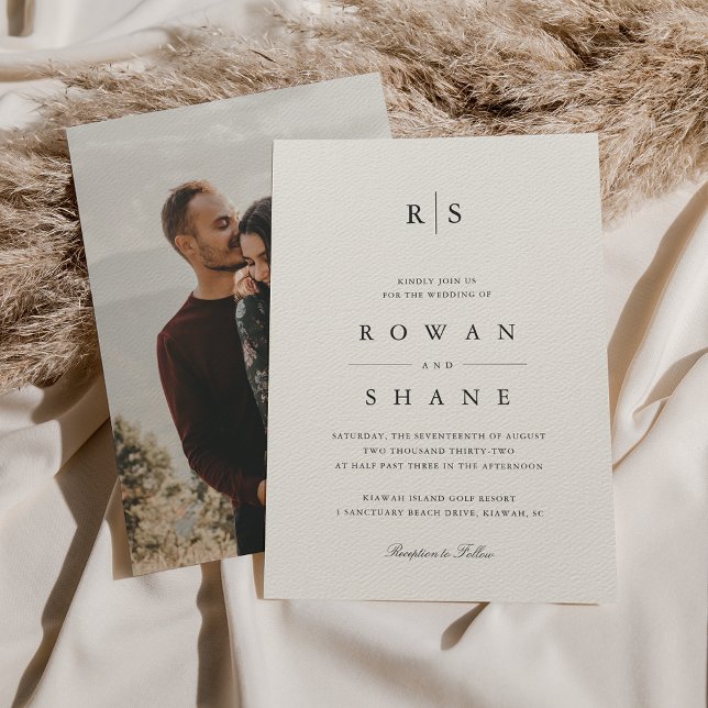 Classic Black & Ecru Monogram Photo Wedding Invitation (Creator Uploaded)