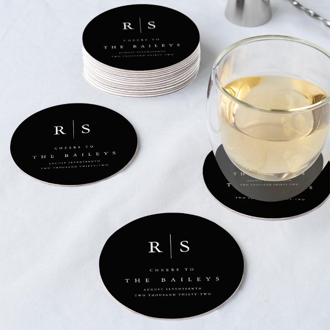 Classic Black & Ecru Monogram Wedding Bar Round Paper Coaster (Creator Uploaded)