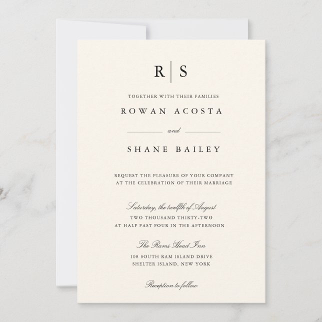 Classic Black & Ecru Monogram Wedding Invitation (Front)